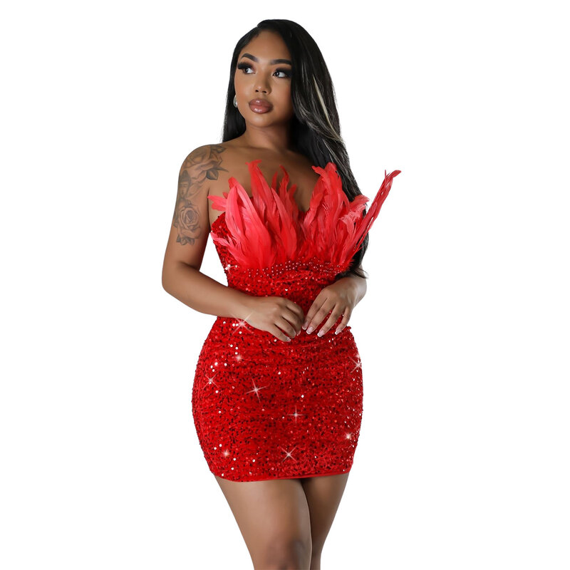 Party Dresses for Women 2023 African Sleeveless Sequin Polyester Mini Bodycon Evening Dress African Clothing Female Dress