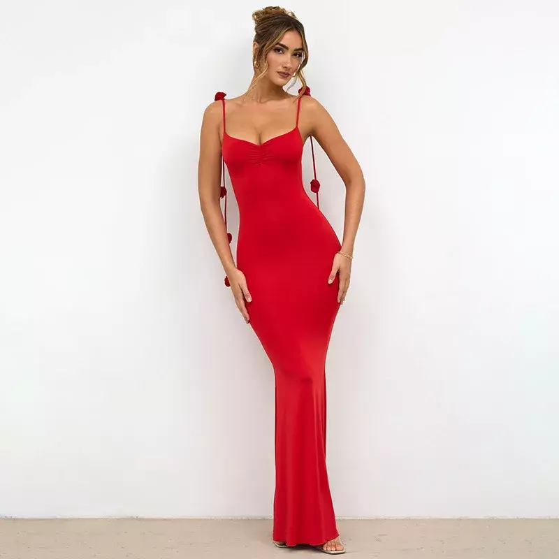 Vestido de sereia Maxi Sling sem costas feminino, vestidos de noite sexy, banquete de festa de rosas, decoração tridimensional, elegante, vermelho
