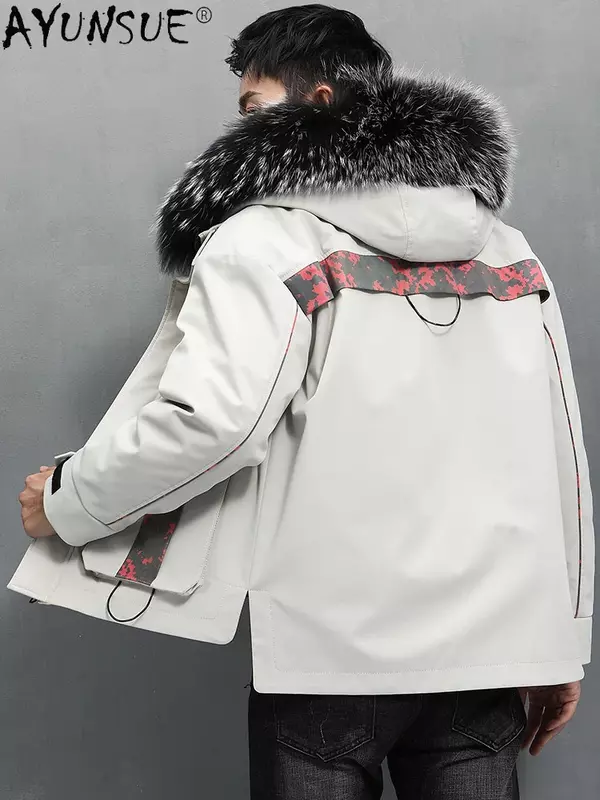 AYUNSUE 2021 Jaket Parka Kerah Bulu Rakun Besar Bertudung Pria Jaket Bulu Kelinci Tebal Hangat Pakaian Pria Musim Dingin Jaquetas Gmm388