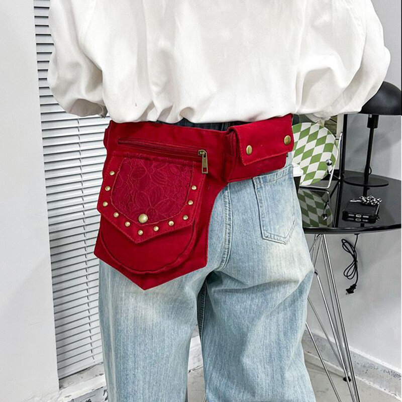 Bolso de poliéster con remaches para mujer, riñonera estilo Steampunk, bolso de cintura, Cartera de bolsillo, monedero bohemio