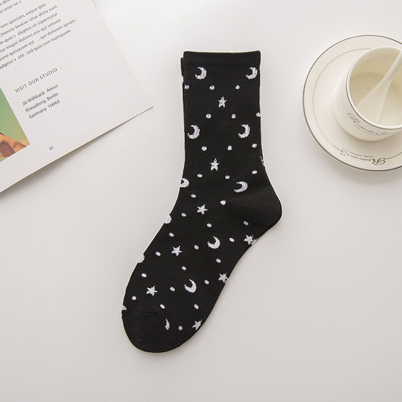 Men's and Women's Socks New Adult Socks with Star and Moon Patterns,Cotton Anti Slip and Sweat Absorbing Long Socks