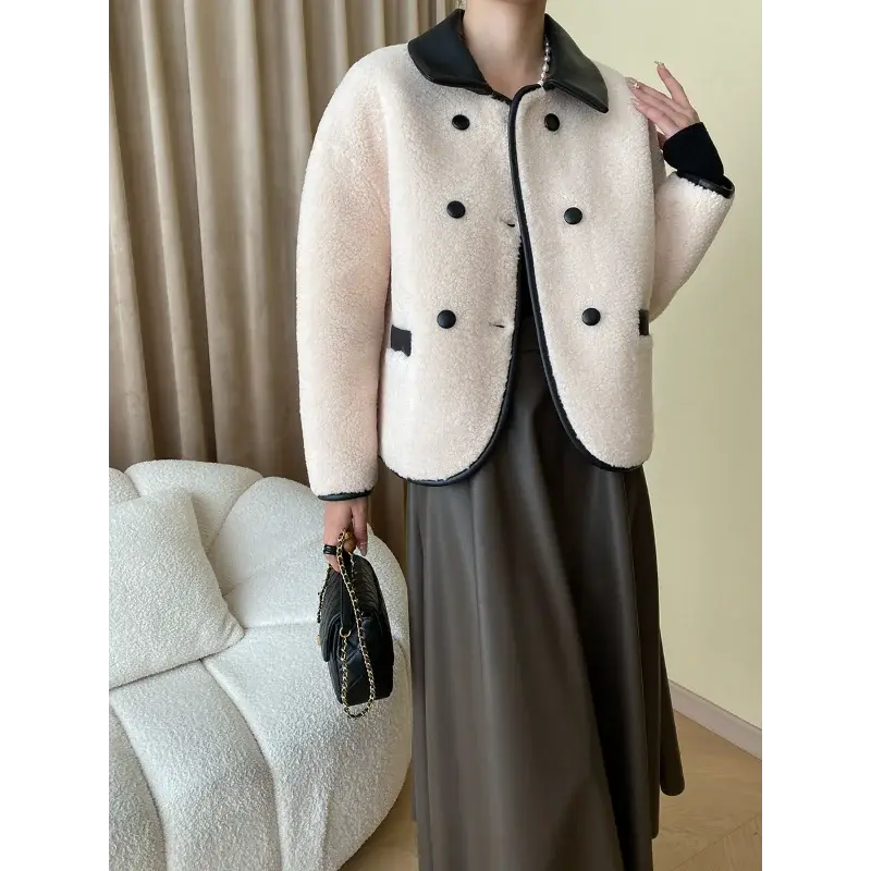 Casual French Contrast Leather Edge Fashion Faux Fur Coat Imitation Lamb Hair Small Fragrance Thickened Loose Basic Jacket Women