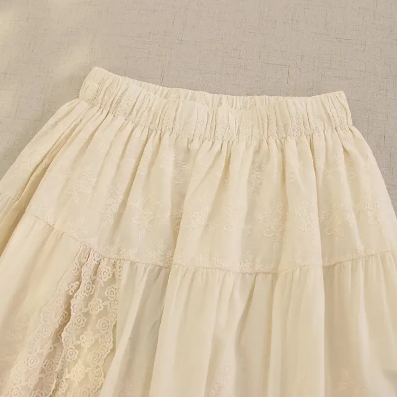 Spring Summer Sweet Lace Flower Embroidered Skirt Women Double Layer Side Split Elastic Waist Casual Loose Skirts