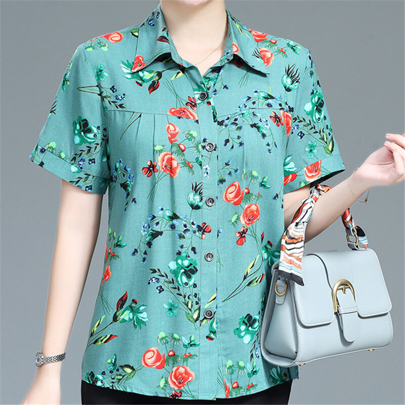 Women Ruffle Vintage Floral Print Elegant Button Up Shirt Summer Fashion Lapel Short Sleeve Blouse Loose Ladies Tops Blusas Ropa