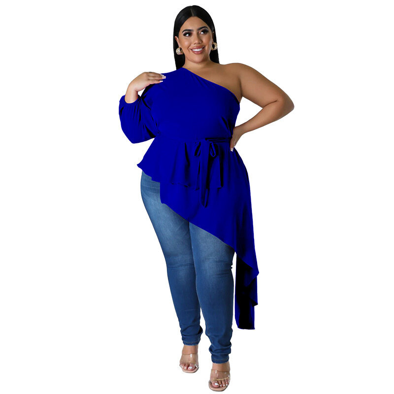 Tops de talla grande para mujer, blusa Sexy de manga larga con un hombro descubierto, informal, elegante, Color sólido, 2023
