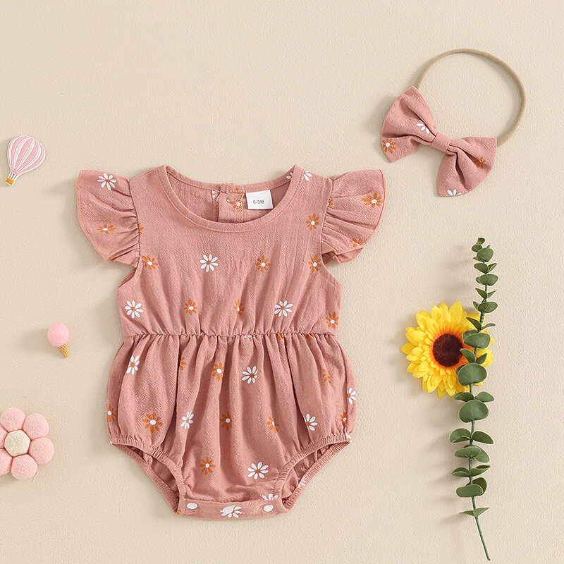 2024-04-05 Lioraitiin 0-18M Baby Girls Summer Rompers Flying Sleeve O Neck Floral Jumpsuit with Headband