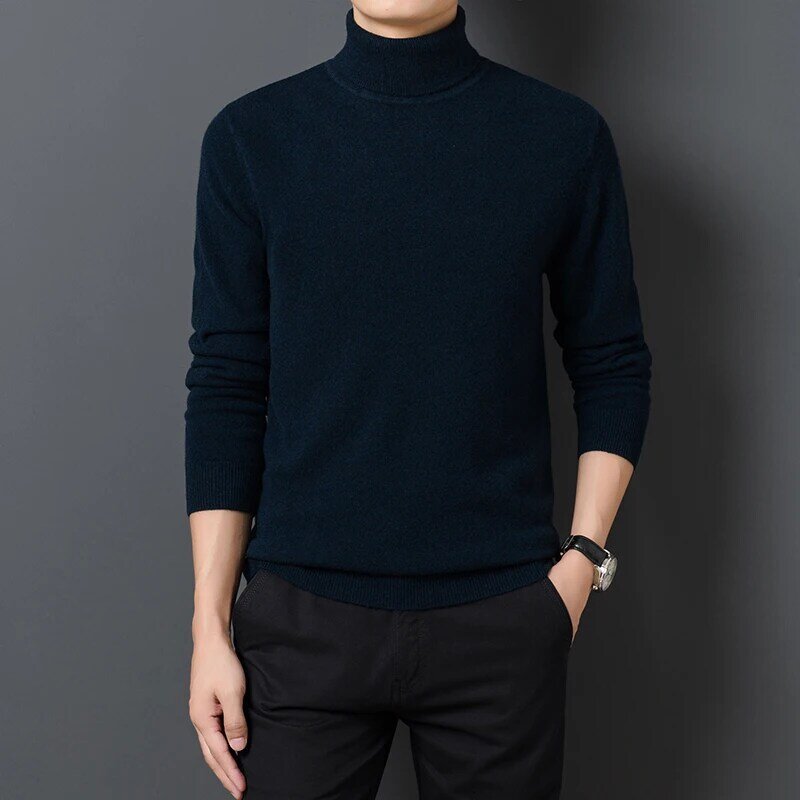 Suéter de manga larga para hombre, ropa cálida y cómoda, cuello alto, Color sólido