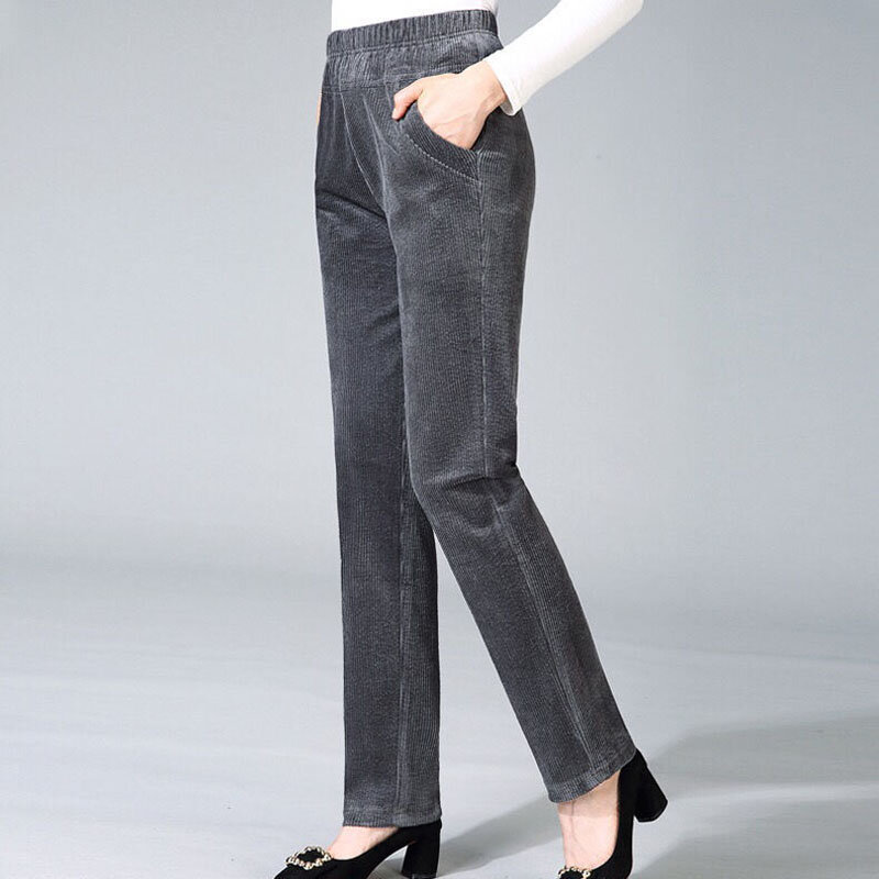 Kobiety trzy kolory sztruksowe proste spodnie gwint dziki nieelastyczny elastyczny pas spodnie do kostek utrzymuj ciepło dwie kieszenie