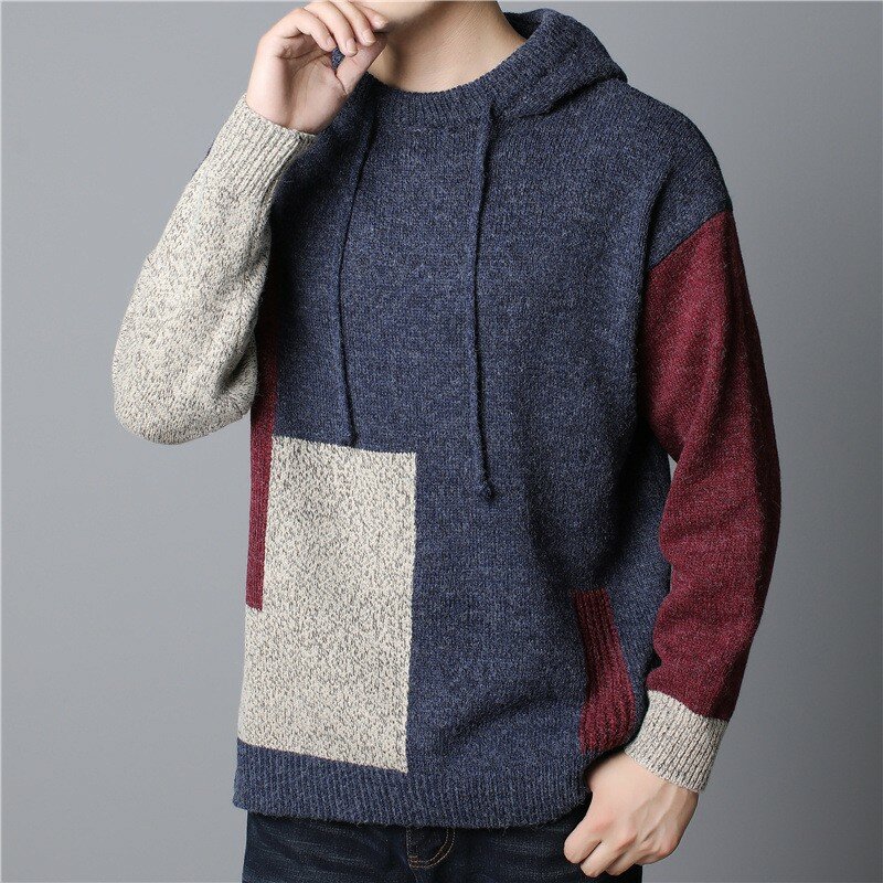 メンズ長袖フード付きセーター,セーター,パッチワーク服,厚くて暖かい,快適なトップス,M-5XL,h50,冬