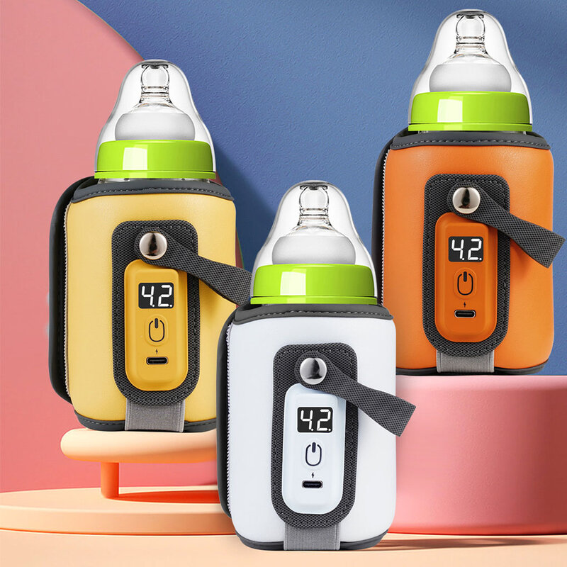 Penghangat botol USB portabel, tampilan LCD 5 tingkat kontrol suhu aplikasi lebar PU Premium oranye