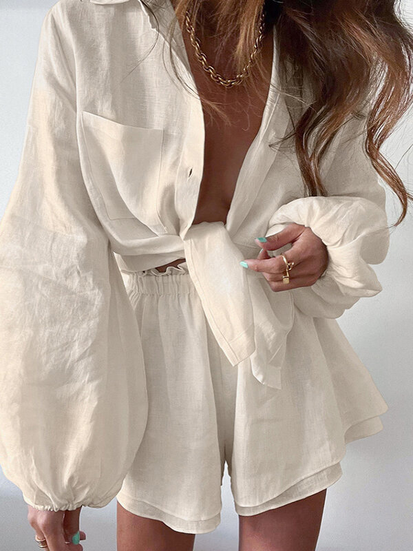 Set Celana Pendek Bohemian Musim Semi Musim Panas Wanita 2022 Pakaian Blus Fit Longgar Putih Solid Setelan 2 Set Dua Potong untuk Wanita