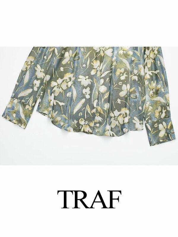 TRAF Set rok motif bunga metalik wanita, blus kerah lengan panjang + rok lipit pinggang tinggi kasual musim semi 2024
