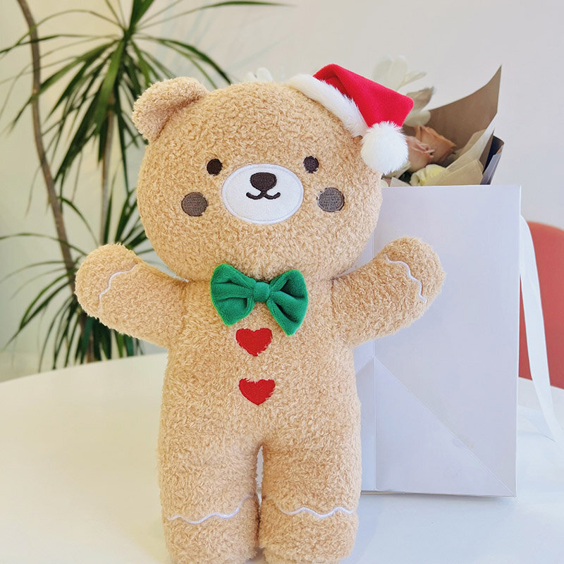 40cm 만화 진저브레드 남자 플러시 장난감 진저브레드 남자 곰 비스킷 베개, 부드러운 귀여운 미소 갈색 곰 크리스마스 모자 플러시