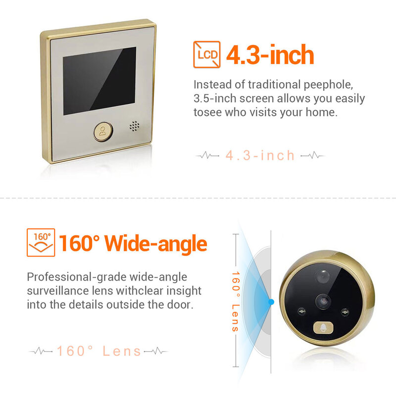 4.3Inch LCD Display  Build-in Battery  Video Door Phone Long Time Standby HD Visual Doorbell Peephole Viewer