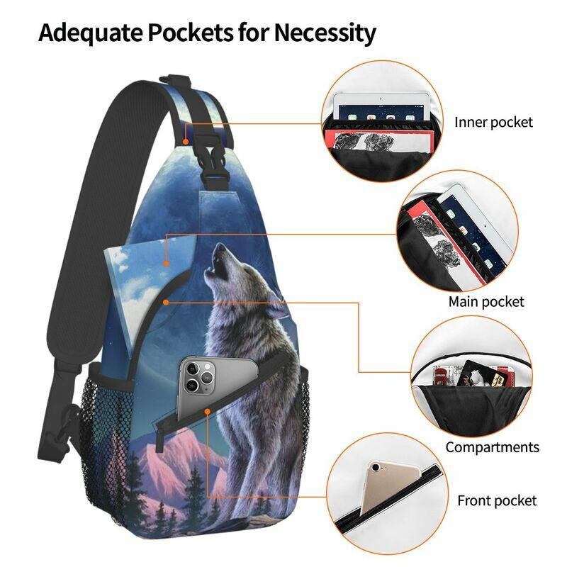 Wolf Moon Sling Crossbody Mochila Homens Custom Animal Ombro Peito Bag para Ciclismo Camping Daypack