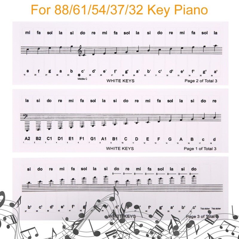 Autocollants de Piano à 32/37/54/61/88 touches, en PVC Transparent, pour clavier électronique, nom et Note, accessoires