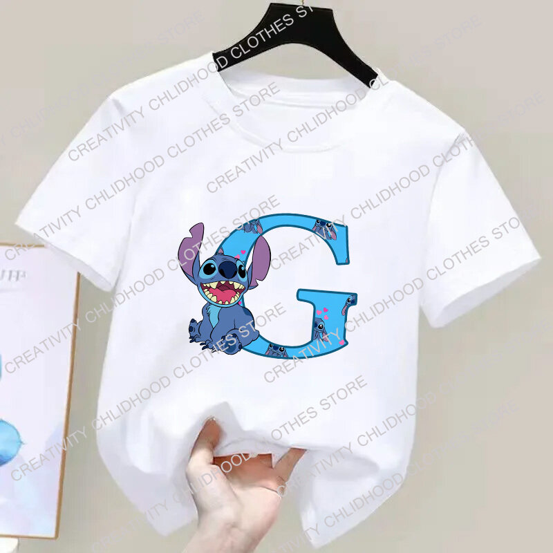 Camiseta de Stitch para niños, combinación de nombre de letra A B C D, camisetas de Anime Kawaii, ropa informal de dibujos animados, camiseta para niño y niña