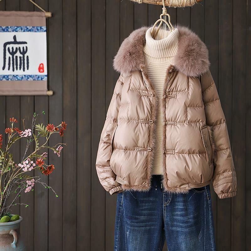 Down Jacket Women's White Duck Down 2023 Winter New Chinese Style Button Fox Fur Collar Thick Coat Short Top Trend Jacket Women