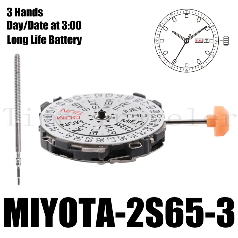 2s65 Miyota 2S65 movimiento tamaño 10 1/2 ''altura 4,22mm batería de larga duración 3 manos fecha y día a las 3:00