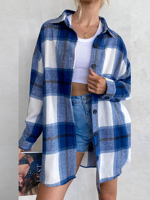 Blusa holgada a cuadros para mujer, camisas largas informales Vintage de manga larga, rebeca con botones y solapa, Otoño e Invierno
