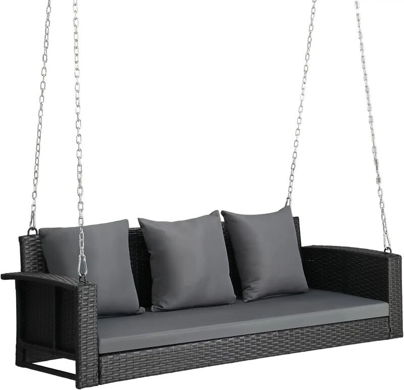 Porch Swing, Hanging Outdoor Porch Swings for Adults, Wicker Patio Swing, with Cushion, Pillow and Chain for Garden