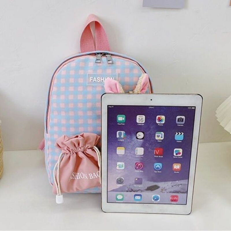 Nylon Children's Schoolbag Gifts Multicolor Cute Cartoon Bunny Backpack Plaid Shoulder Bag