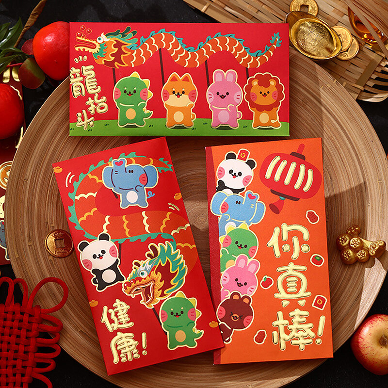 6PCS/set 2024 The Year Of The Dragon Red Envelope Creative Spring Festival Birthday Wedding Kids Gift Lucky Money Bag Red Packet