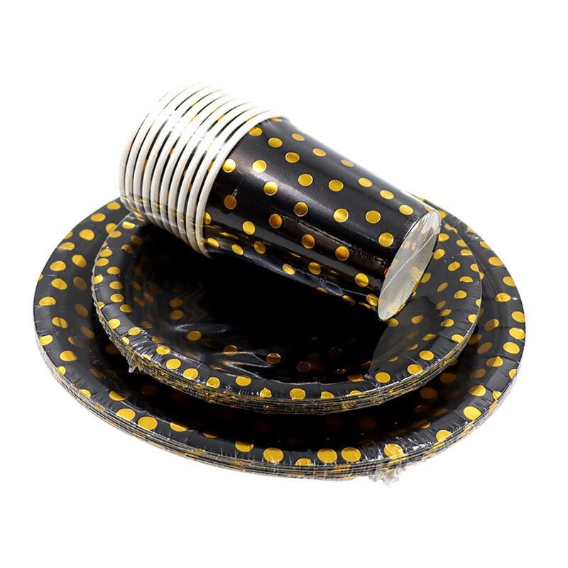 Luxury Black Gold Dots forniture per feste piatti di carta usa e getta di alta qualità tovaglioli per tazze per la laurea di compleanno di nozze 2024