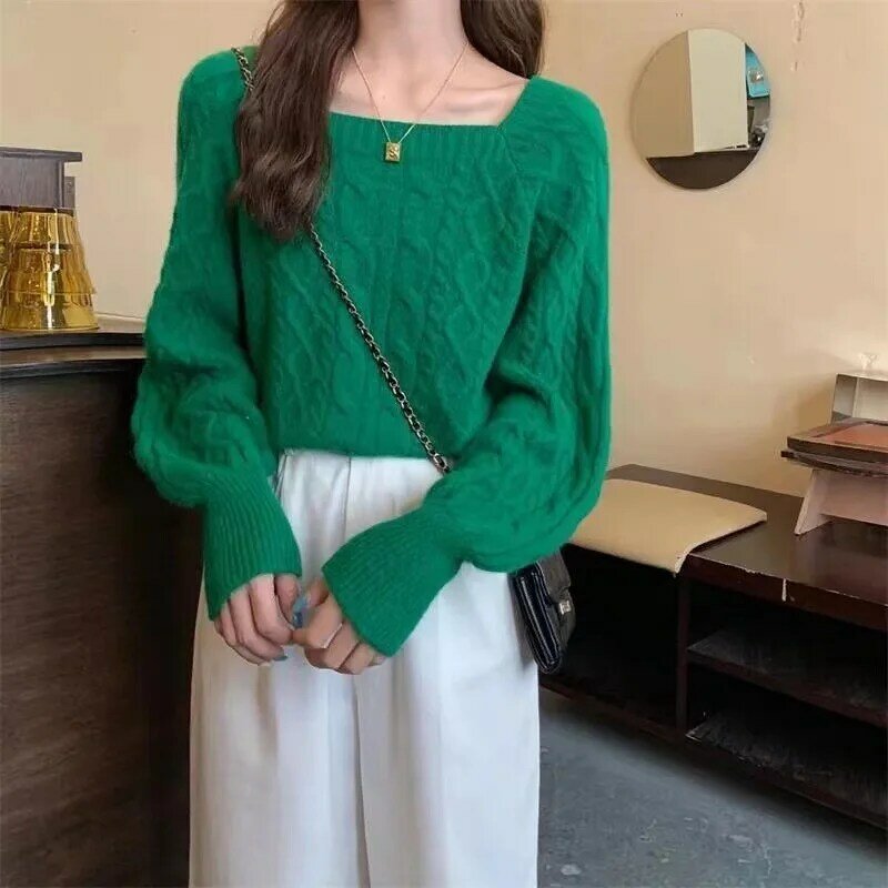 Casual Knitted Sweater Women Pullover 2023 Autumn Winter Soft Thick Warm Wool Jumper Female All-Match Square Collar Sweaters
