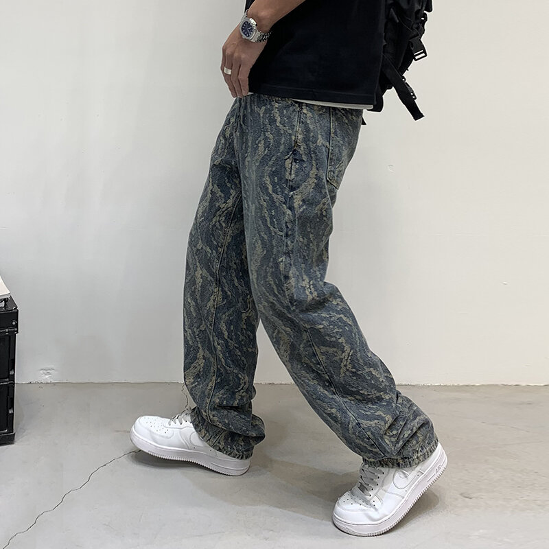 Nuovi Jeans per uomo Jacquard stampa completa sciolto stile dritto moda Hip Hop gambe larghe moda Casual Denim pantaloni lunghi