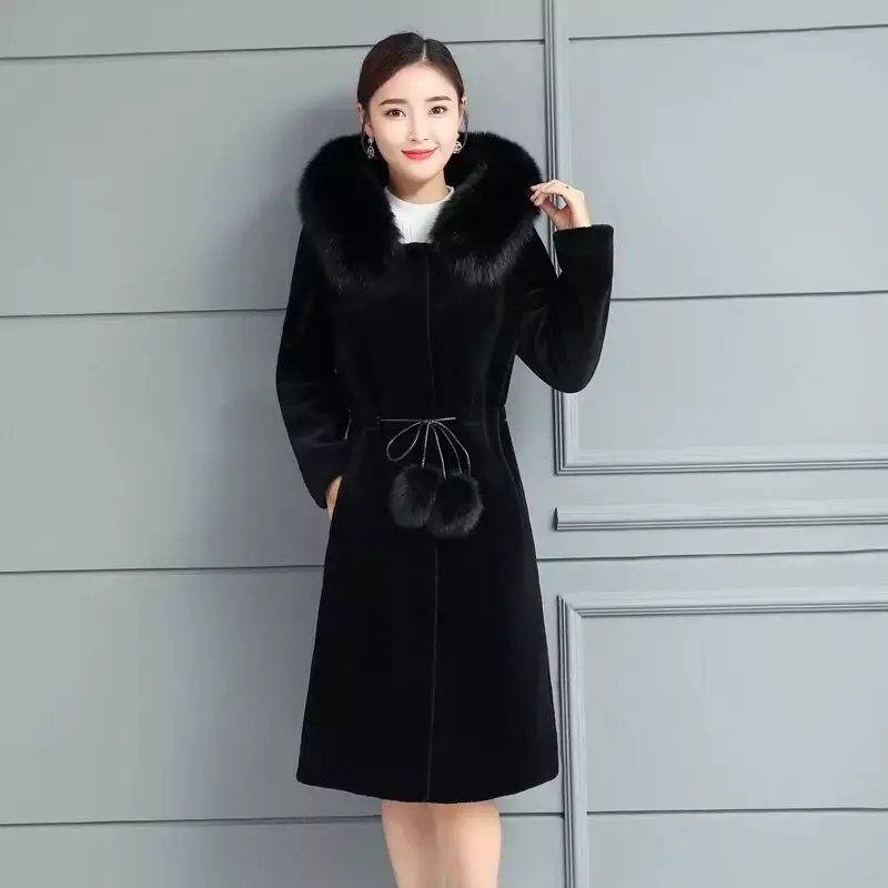 Faux Fur Coat Women Hooded Mink Cashmere Slim Fit  Solid Long Sleeve Thick Warm Single Breasted Fur Coat