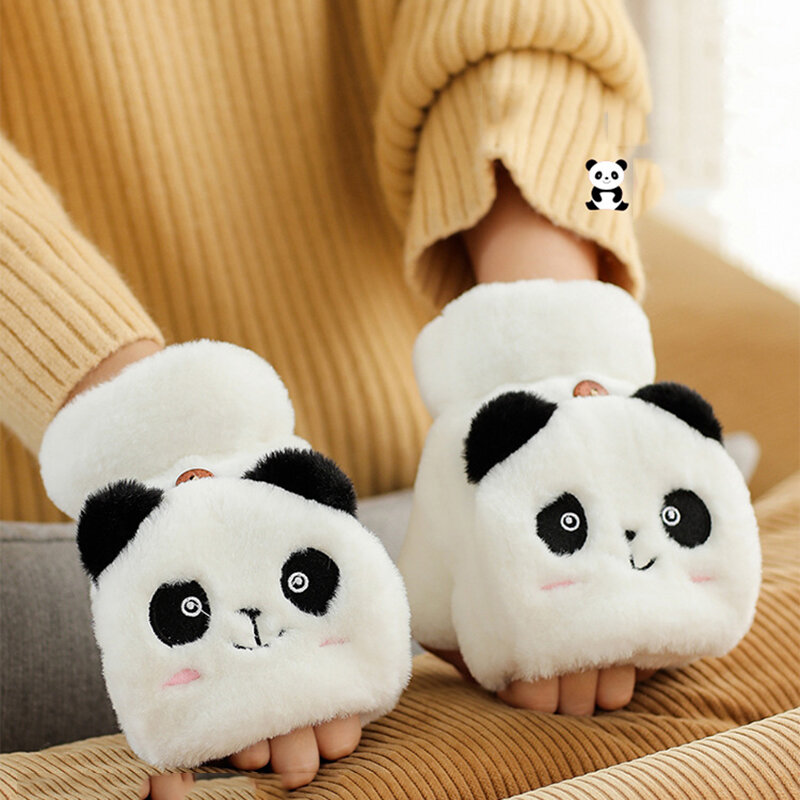 Śliczne Panda pluszowa rękawiczki rękawiczki z rękawiczkami bez palców zimowe ciepłe, odporne na zimno półpalcowe rękawiczki pluszowe miękkie grube zimowe rękawiczki