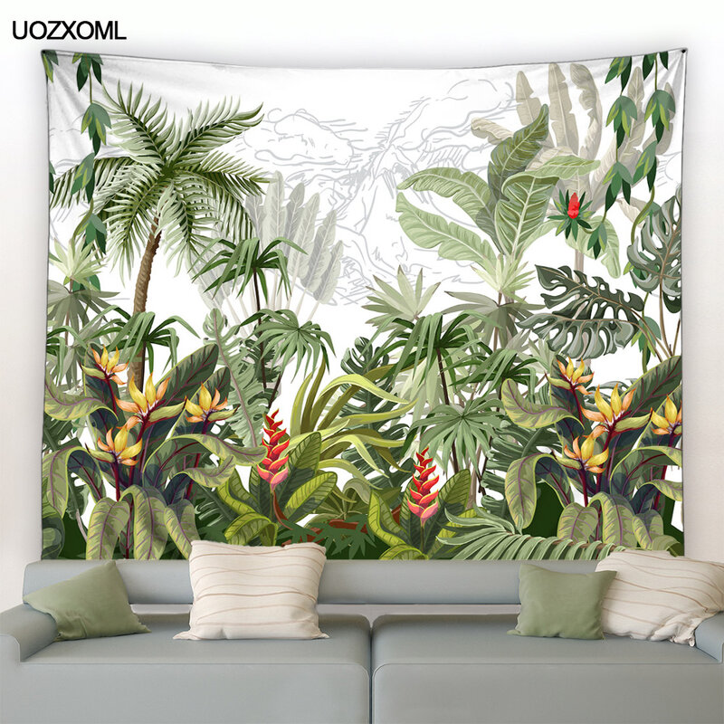 Tropical Jungle Plants Tapestry Green Palm Leaves Monstera Nature Landscape Modern Garden Home Living Room Decor Wall Hanging