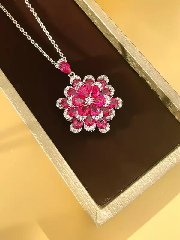Desire Artificial Rose, Ruby, Flower Necklace, Collar Chain, Christmas and New Year Gifts, Luxury   925 Silver