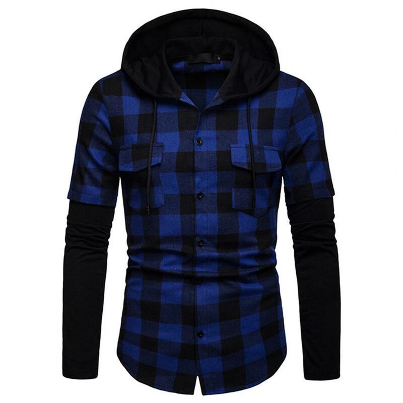 Men Shirt Plaid Contrast Colors Single-breasted Hooded Student Shirt for Daily Wear