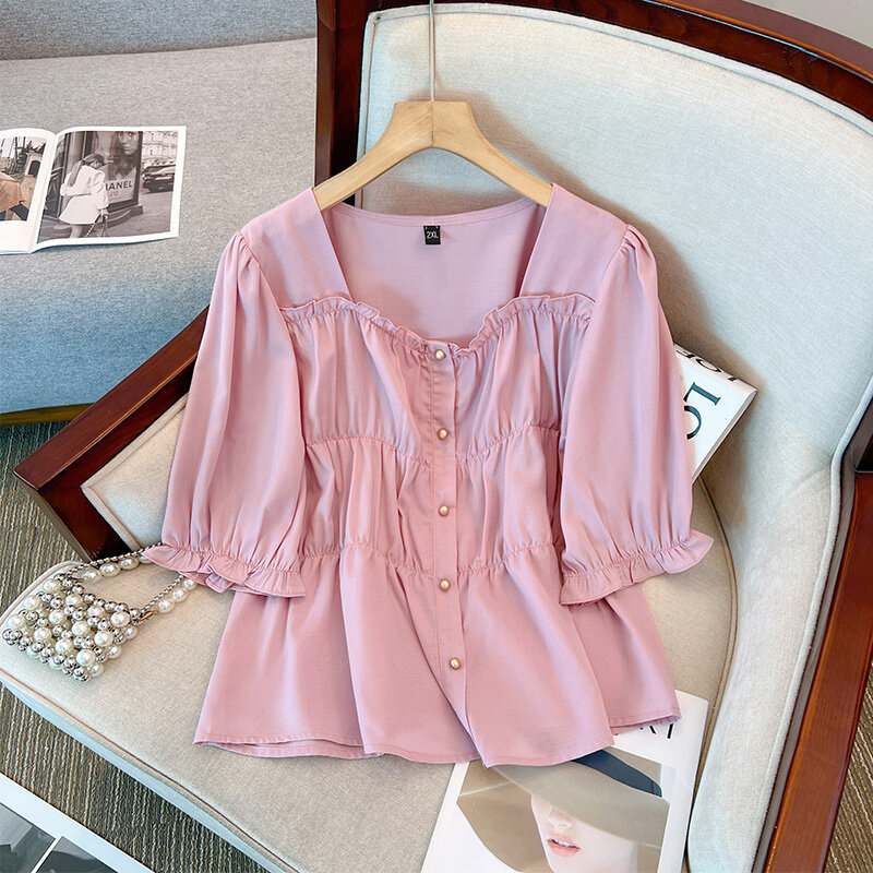 플러스 사이즈 스퀘어넥 상의, 오버사이즈 여성 셔츠, 루즈하고 날씬해 보이는 프렌치 셔츠, 여름 신상, 3252