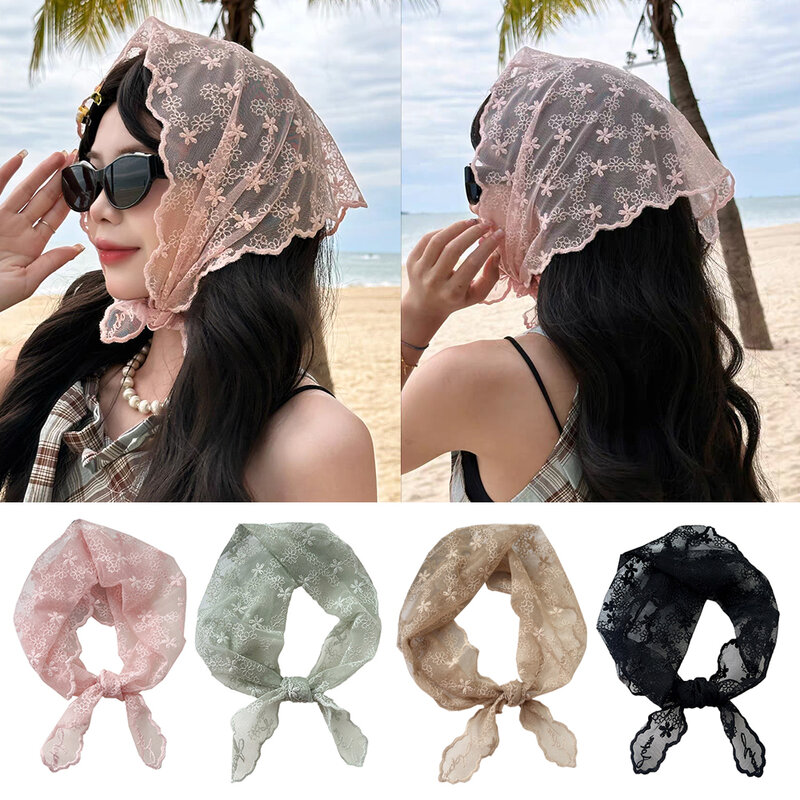 Flower Neck Scarves Lace Triangle Scarf Vintage Sunscreen Headscarves Summer Silk Hair Accessories Fashion Sweet Headwear