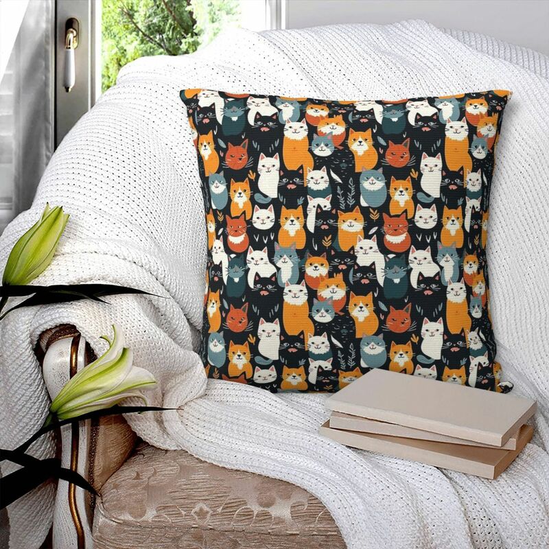 Funda de almohada cuadrada con patrón de gatos, cojín de poliéster, decoración cómoda para el hogar y el dormitorio