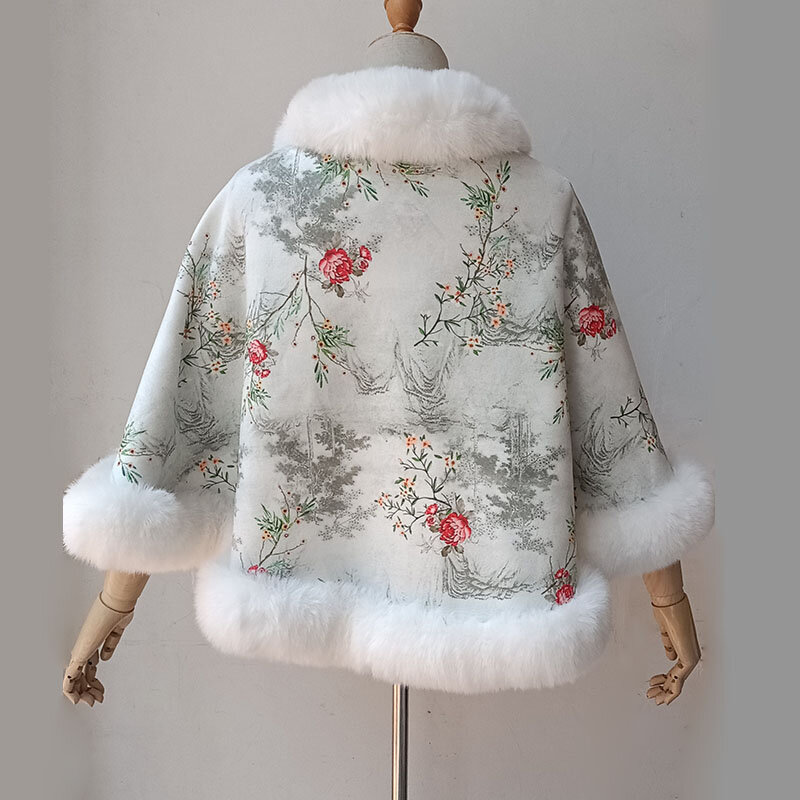 Damskie zimowe chińskie szal z obszyciem ze sztucznego futra eleganckie ciepłe przyjęcie chińskie Vintage Faux futrzane sukienka damska poncza