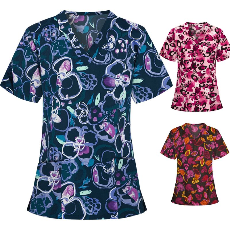 여성용 꽃무늬 프린트 간호복, 반팔 V넥 포켓, 간호 스크럽 상의, 간호 유니폼, 패션