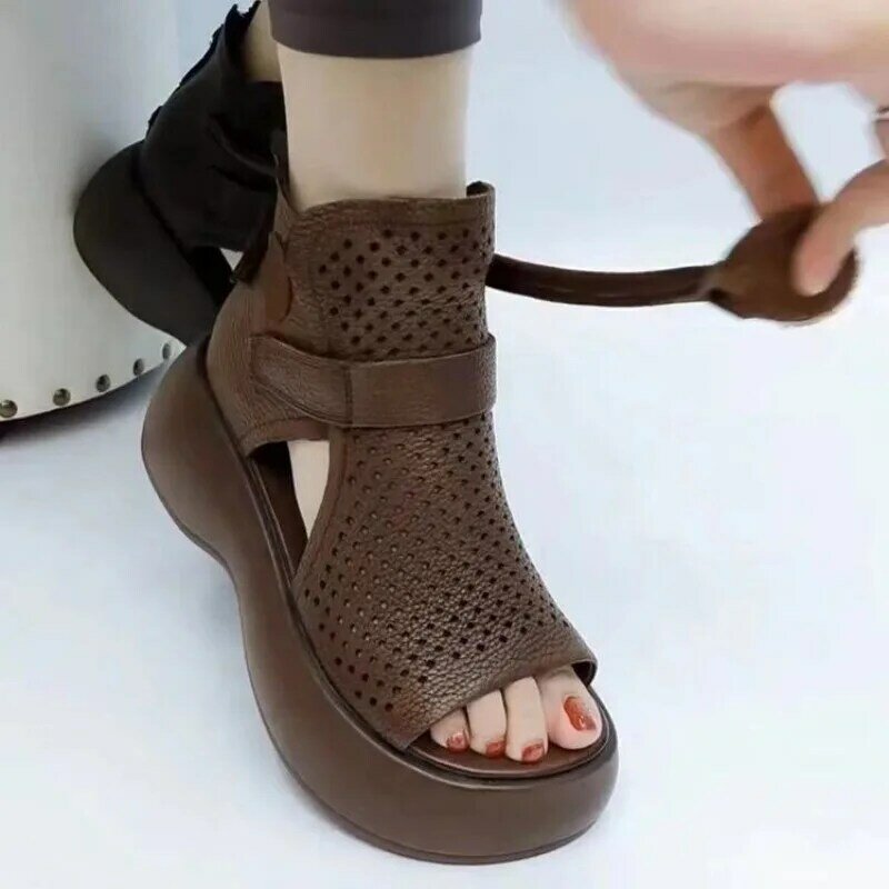 Sandálias plataforma artesanal para mulheres, botas Martin com cordões de couro, cordões volumosos, costura retrô, sapatos concisos, verão