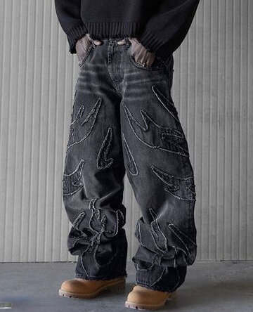 Jeans larghi per uomo Y2k Hip Hop Distressed Retro pantaloni neri ricamo oversize Harajuku pantaloni larghi gotici Streetwear