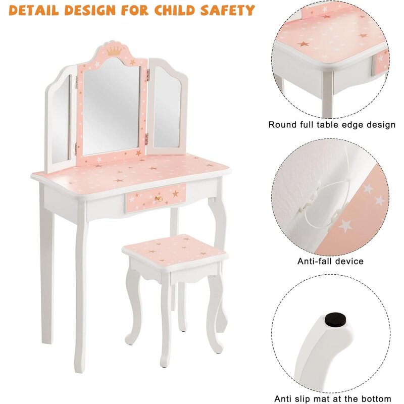 Children's dressing table, girl's dressing table set, with stool, three fold mirror, drawer, children's dressing table