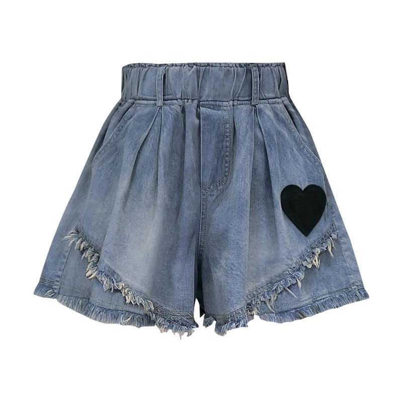 2024 Classic Denim Shorts Women Summer Blue Elastic High Waisted Casual Loose Chic Love Pattern  Wide Leg Pants Straight Jeans