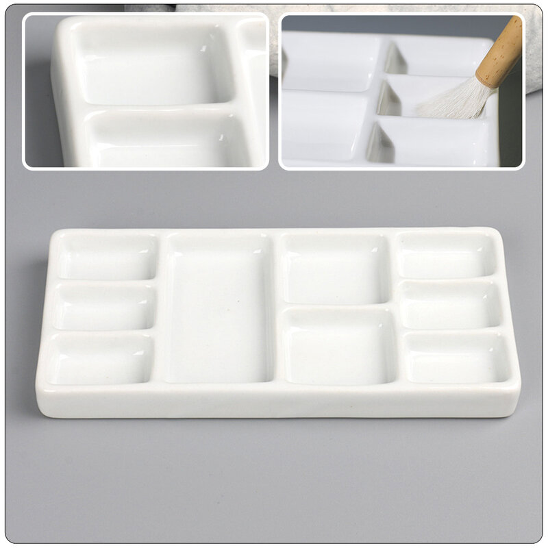 9-grid Ceramic Watercolor Palette Jingdezhen Firing Artist-grade Gouache Acrylic Paint Sub-packaging Ceramic Dish Palette(White)