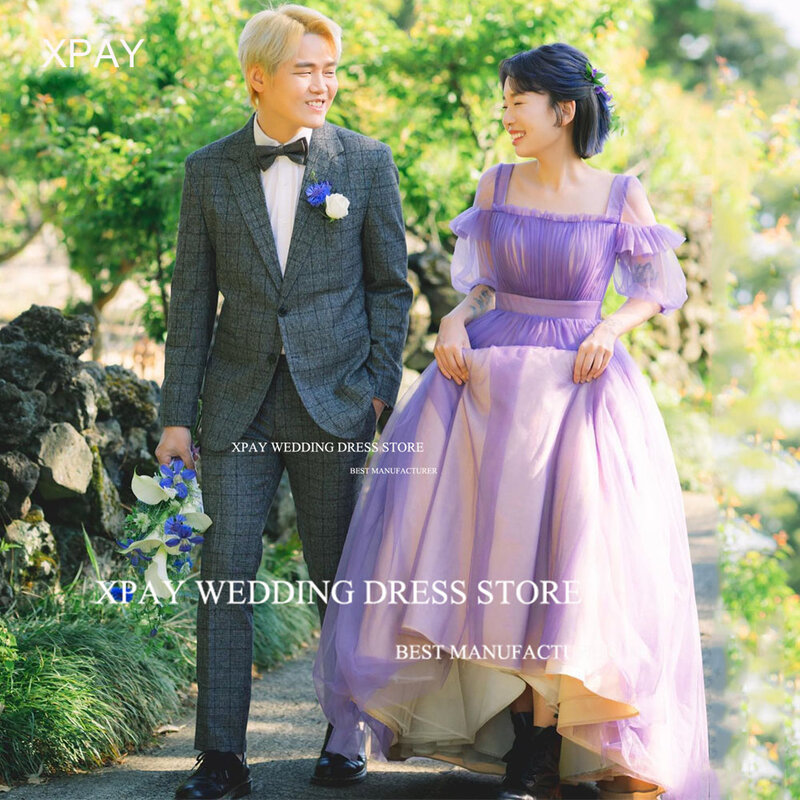 XPAY Square Neck Purple Korea Evening Dress Short Sleeve Ruffles Formal Gown Photo Shoot Backless Custom Size Pleat Party Dress