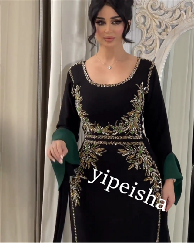 Gaun Prom malam Jersey Arab Saudi gaun malam berlian imitasi leher O acara Bespoke gaun Midi Gaun