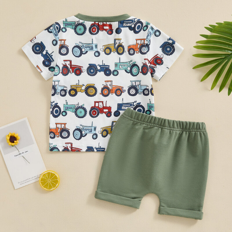 Baby Boy Clothes Farm Tractor Truck Print Short Sleeve Shirt Elastic Shorts Summer Infant Toddler Boy Clothing Set