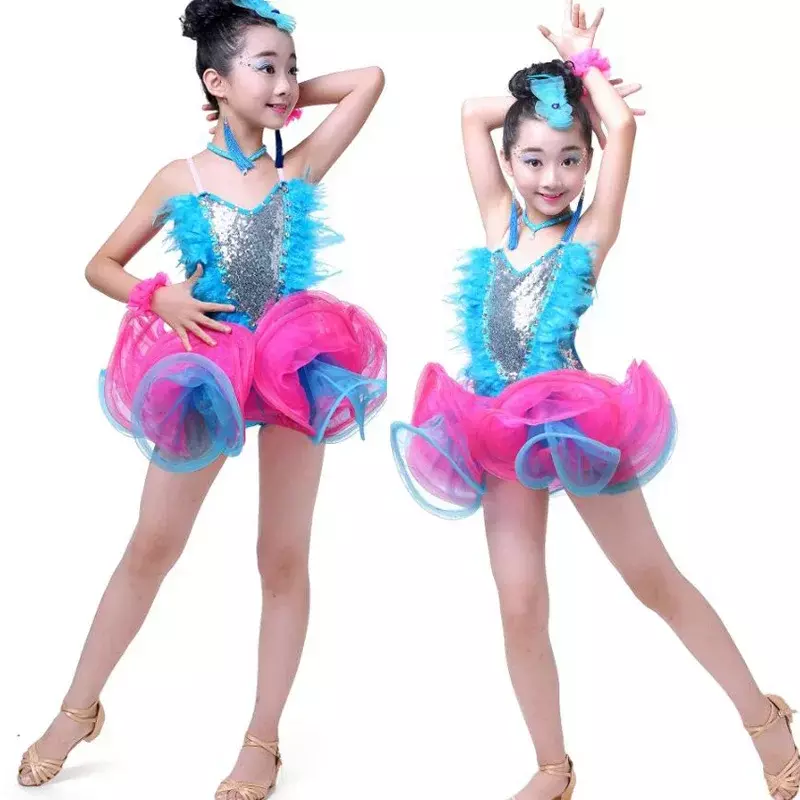 Girls Jazz Dancewear Costume Kids Child Dancing Tutu Dress Clothes for Girls Modern Latin Sequined Ballroom Party Dancing Dress