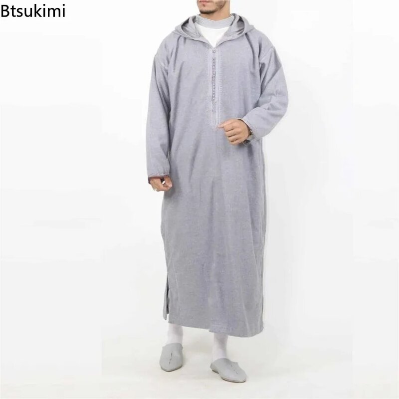 Vestido muçulmano de manga comprida masculino, robe da Arábia Saudita, Juba Thobe, Oriente Médio, roupas islâmicas, nova moda, 2024